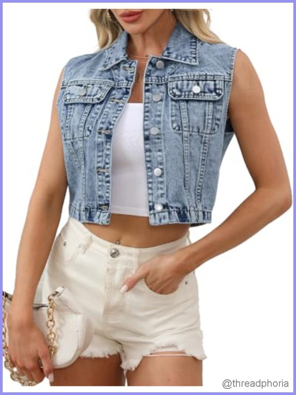 Women's Cropped Denim Vest Sleeveless Y2K Jean Jacket Gilet with Pockets